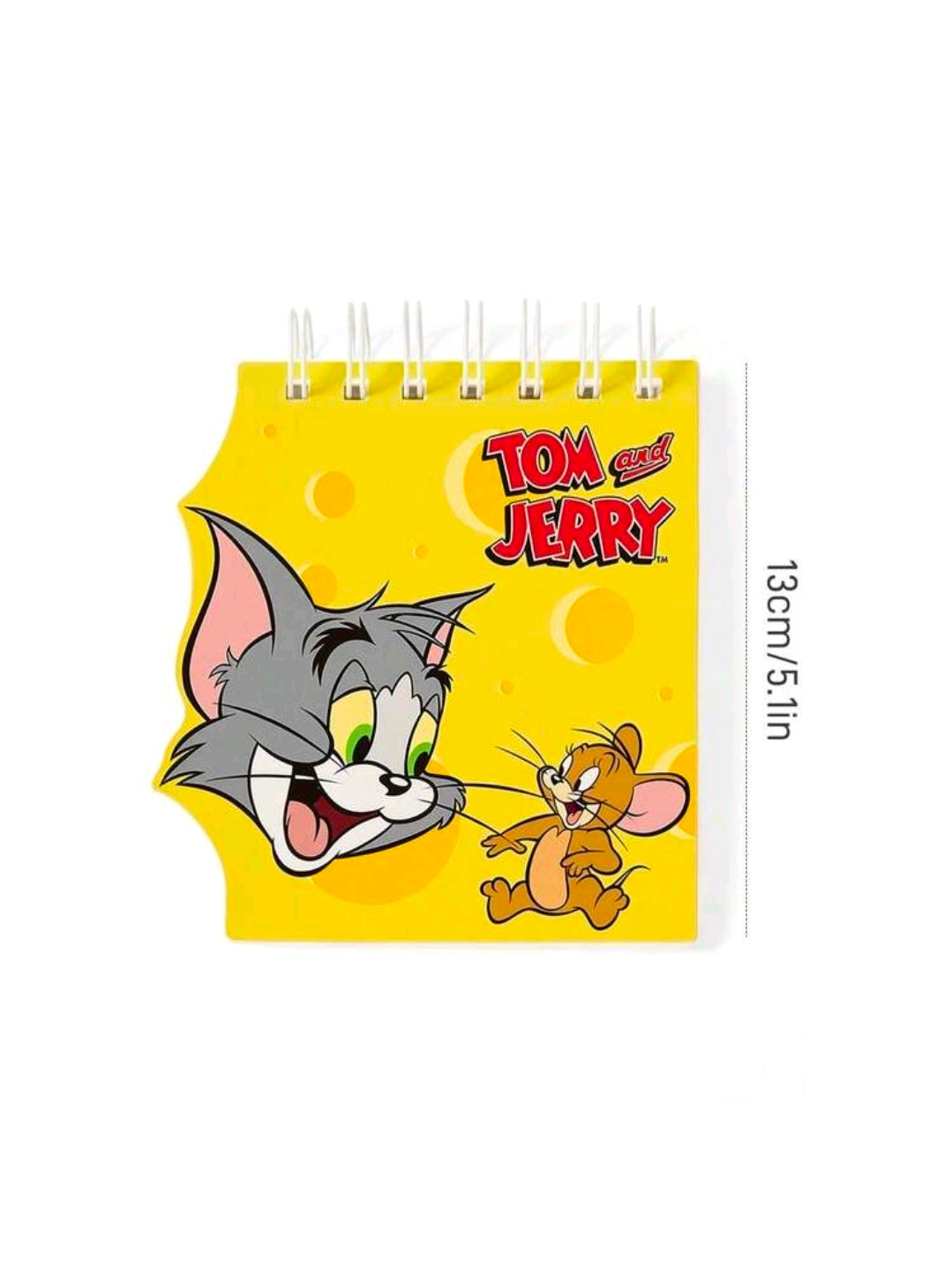 Mini spiral notepad with yellow Tom and Jerry cover art, standing view