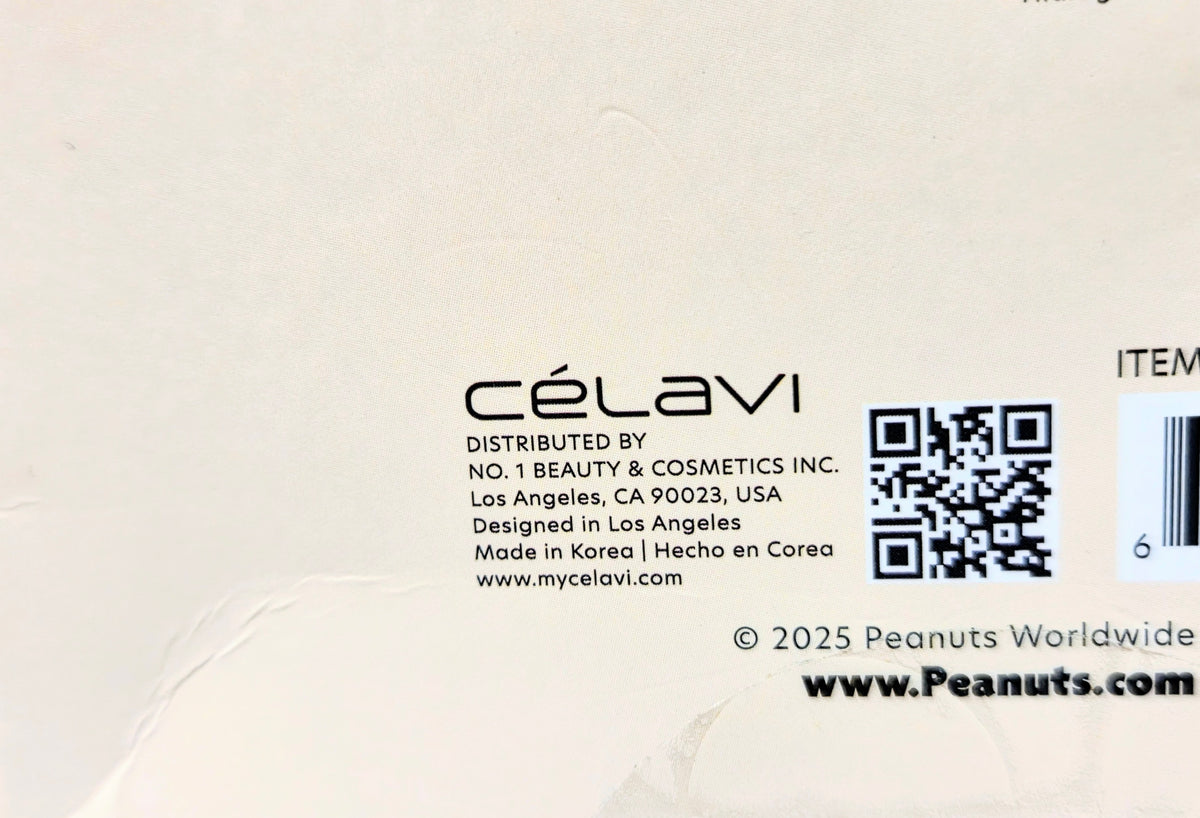Peanuts x Célavi sheet mask and brush gift set back packaging with QR code