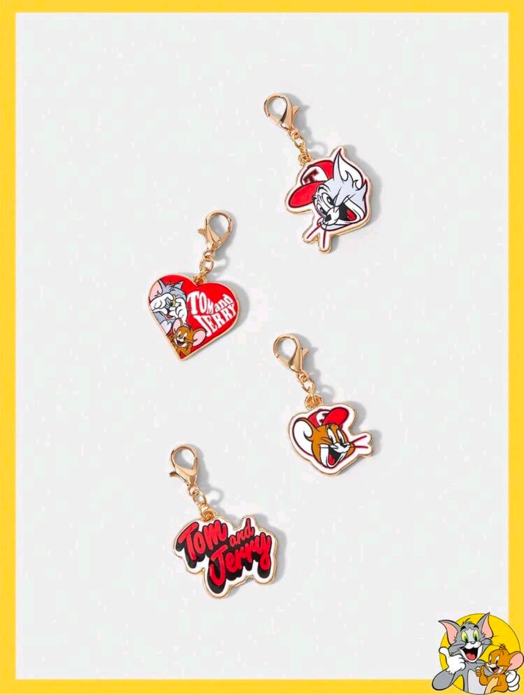 Tom & Jerry metal enamel bag charms set of 4, gold-tone rings and lobster clasps
