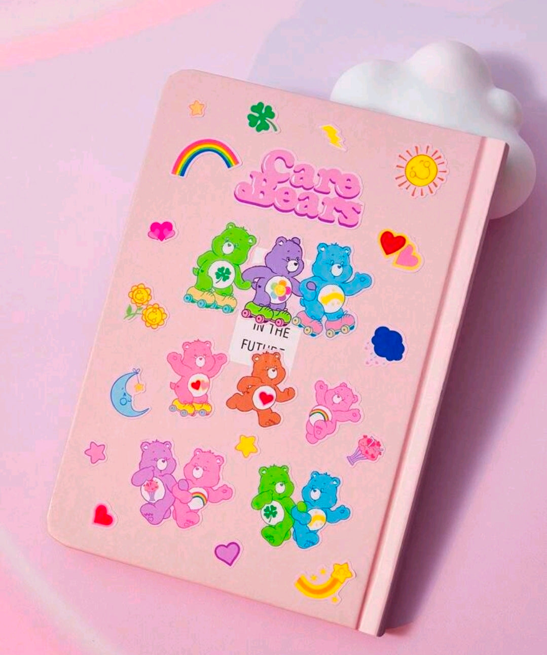 Care Bears sticker sheet with rainbows, sun, hearts, and roller skate characters