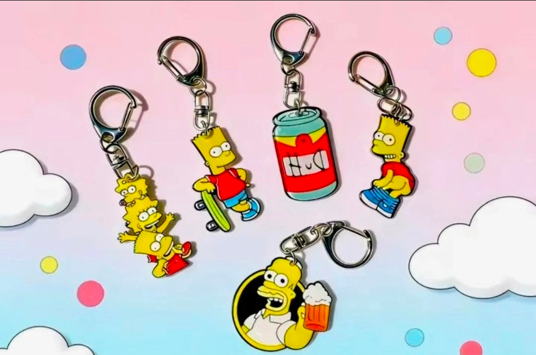 Simpsons acrylic keychains set of 5 with Homer, Bart, and Duff beer can charms on rings