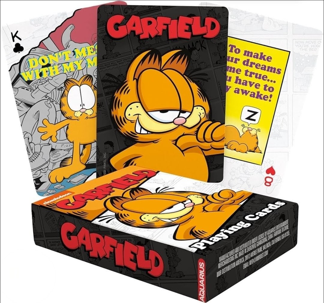 Garfield playing cards deck box with Garfield character and three card faces