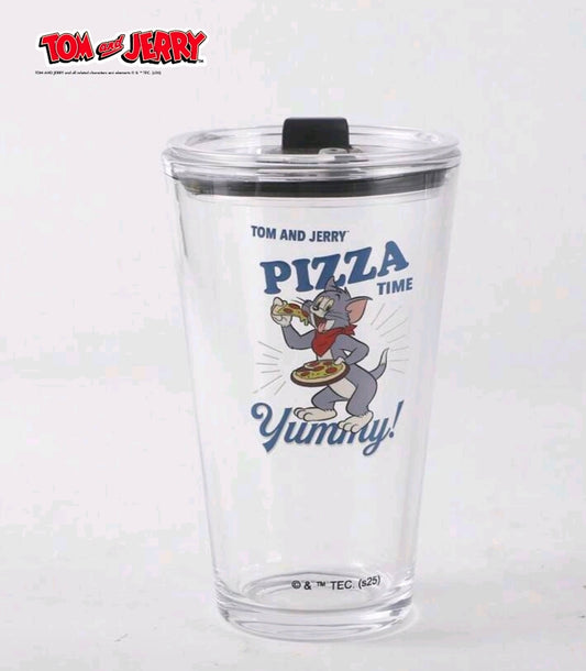 Clear glass tumbler with black lid; Pizza Time character graphic on front