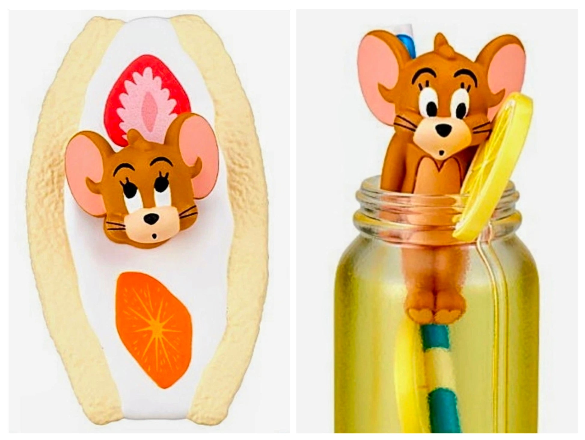 Mini Tom and Jerry food figures: mouse in oval slice and orange dog in jar