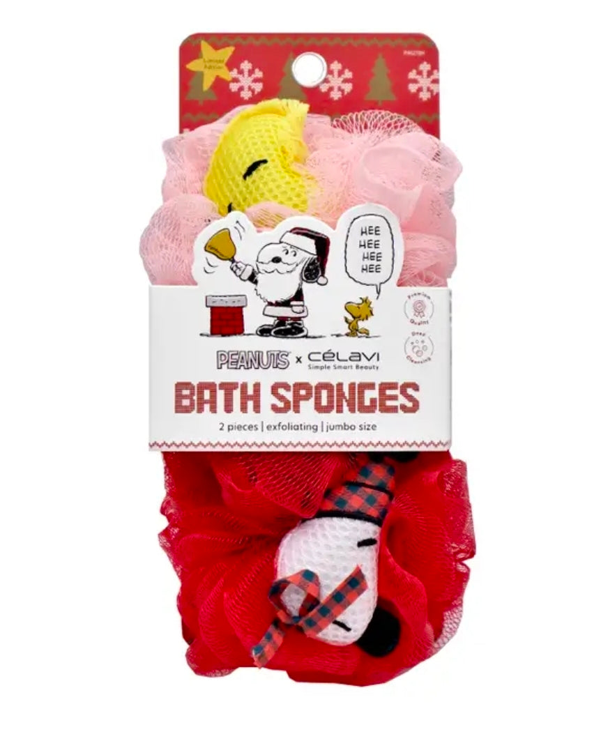 Two bath sponges with Snoopy Christmas graphics; yellow and pink sponge in mesh