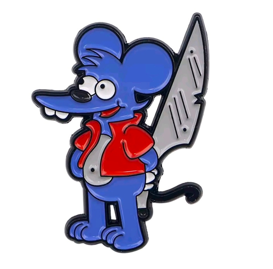 Blue cat enamel pin holding a knife-like tool, red shirt