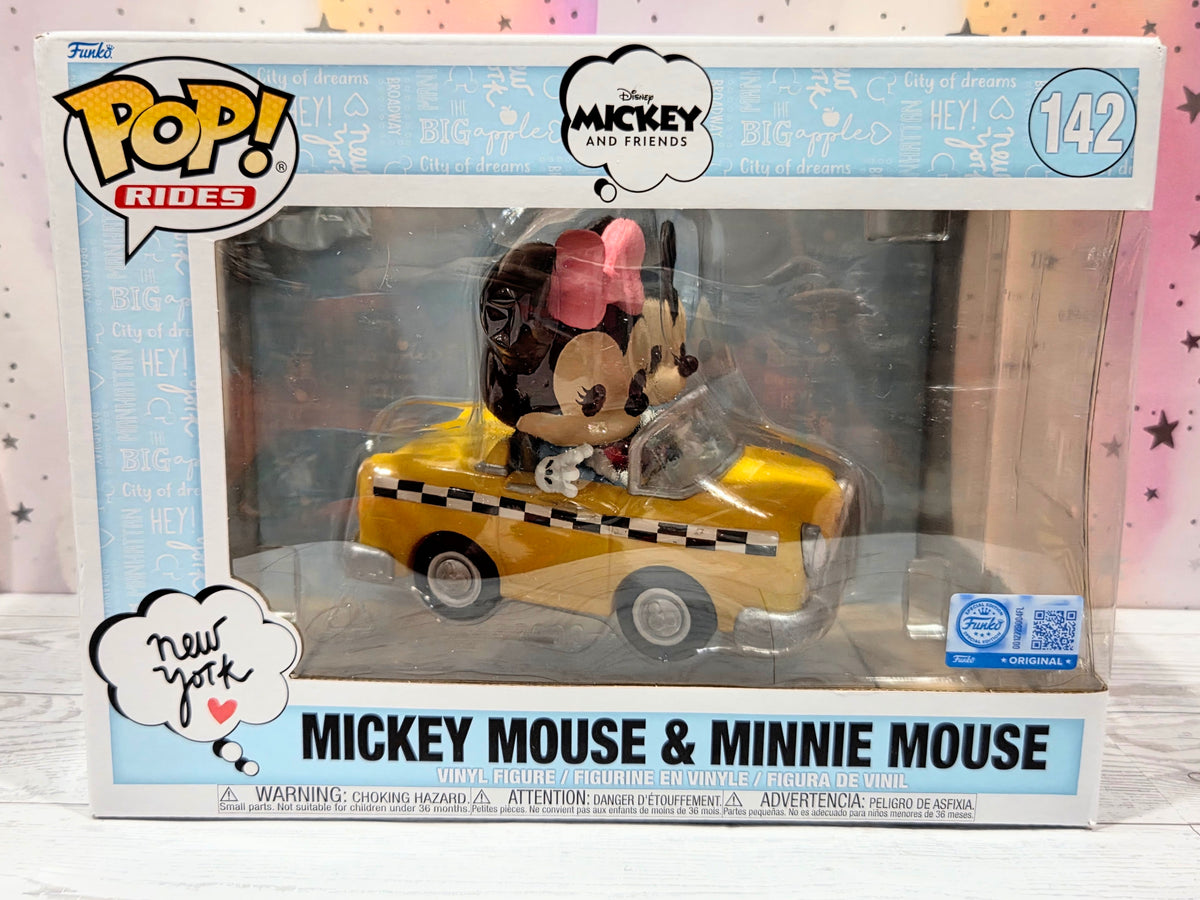 Funko Pop Rides #142 clear window box with Mickey and Minnie in yellow taxi