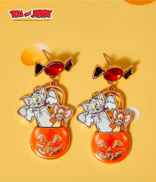 Halloween pumpkin earrings with dangling cartoon cat charms, red gem details, and jack-o-lanterns