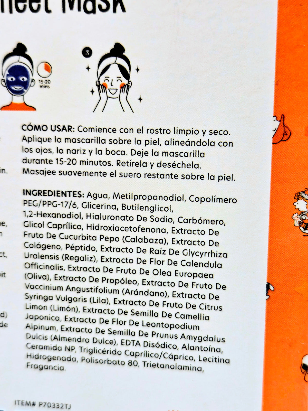 Great Pumpkin Glow Face Sheet Mask instructions and ingredient panel on orange box