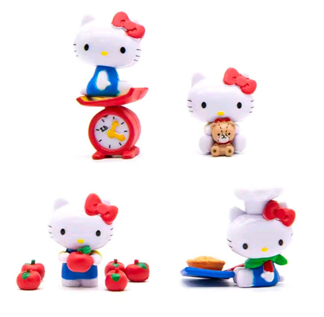 Hello Kitty mini figure set shown with multiple characters and small food accessories