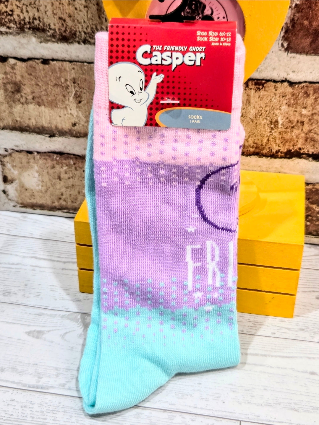 Gradient crew socks in lavender and light blue with Casper graphic on top