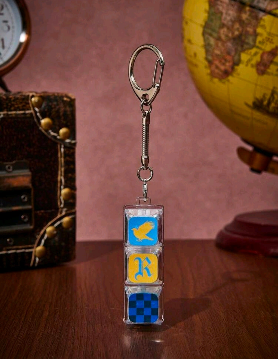 Ravenclaw keychain bag charm with silver rings and stacked clear blocks, bird and checkers