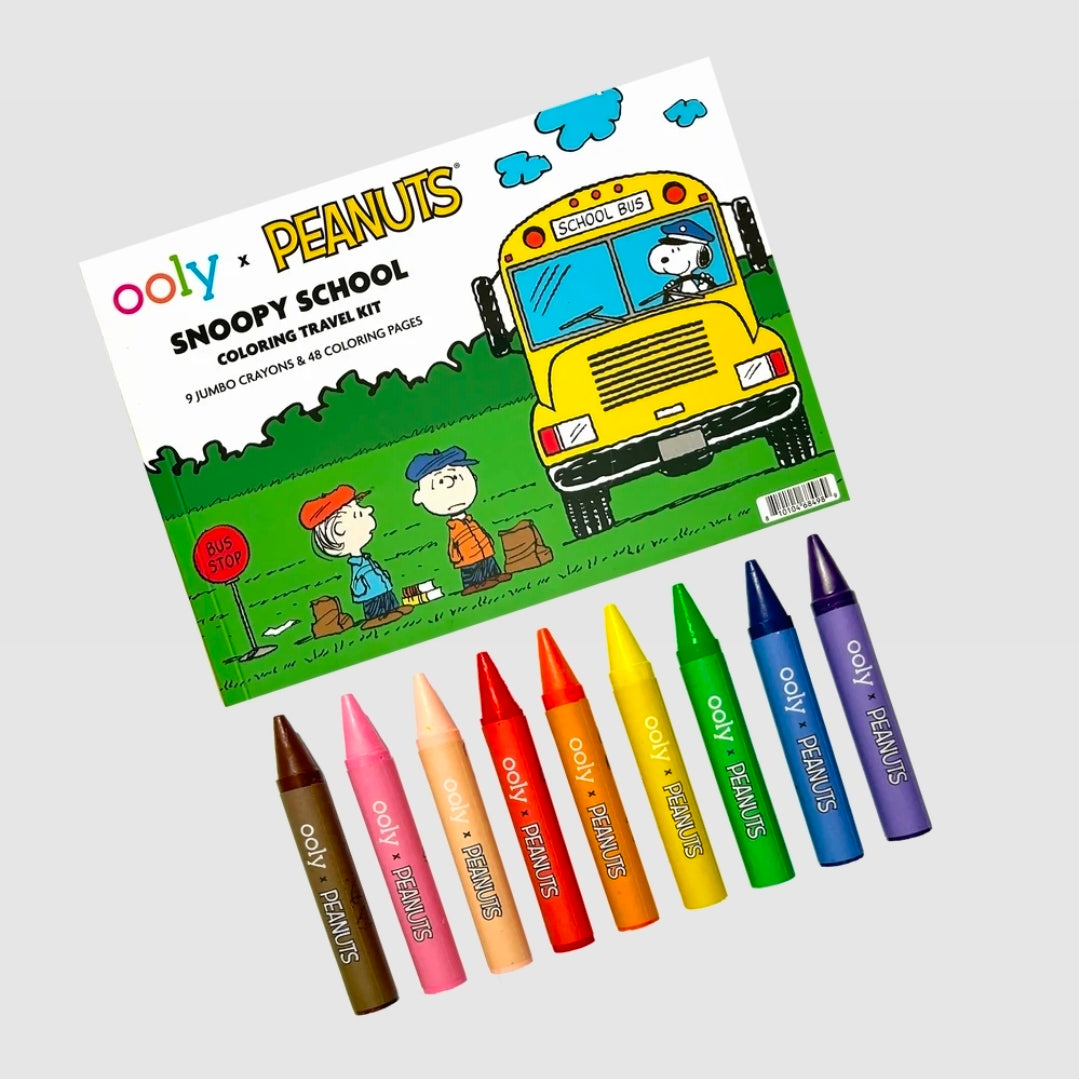 Snoopy School coloring travel kit with crayons lined up in front