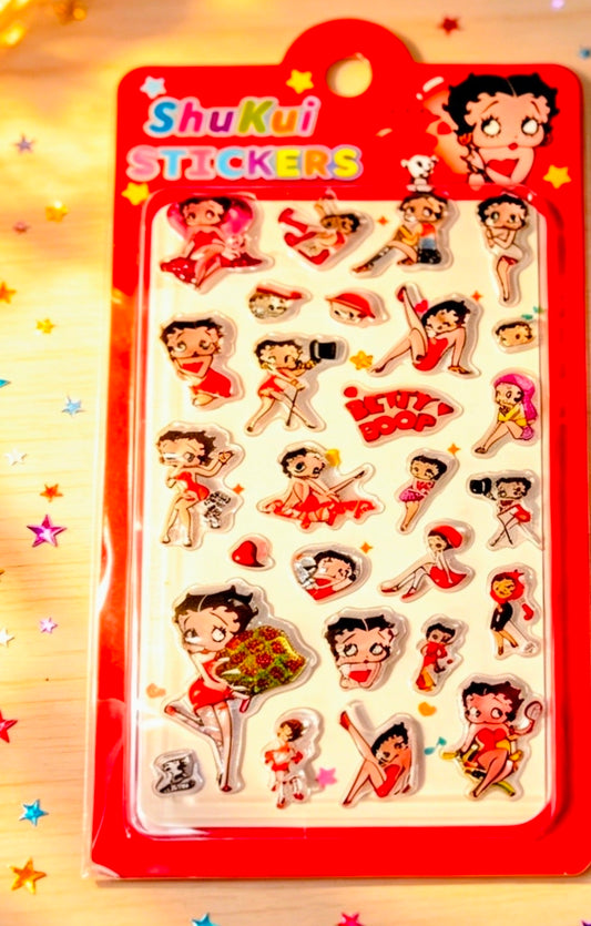 Betty Boop character sticker sheet with red-themed poses and hearts
