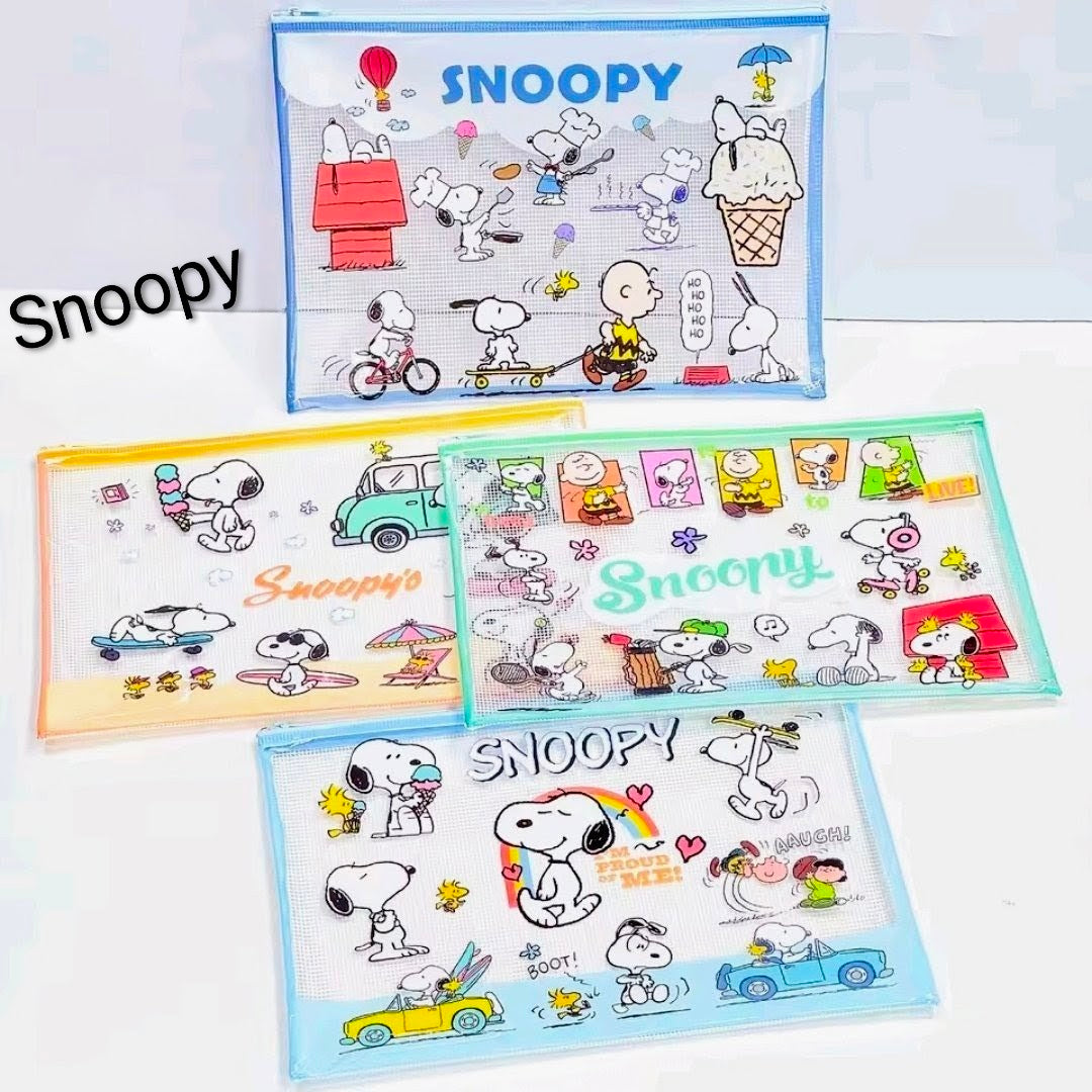 Snoopy Peanuts A4 Mesh Zip Pouch Pencil Case Clear Kawaii Stationery Bag Charlie Brown Woodstock