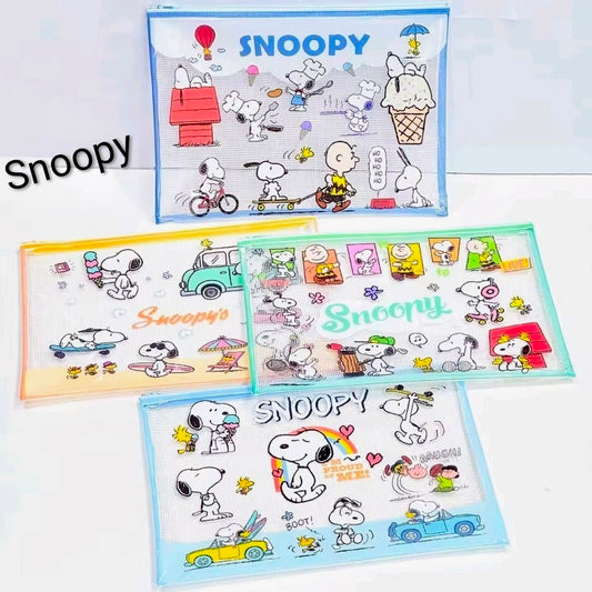 Light blue mesh zip pouch with Snoopy-themed print for A4 documents