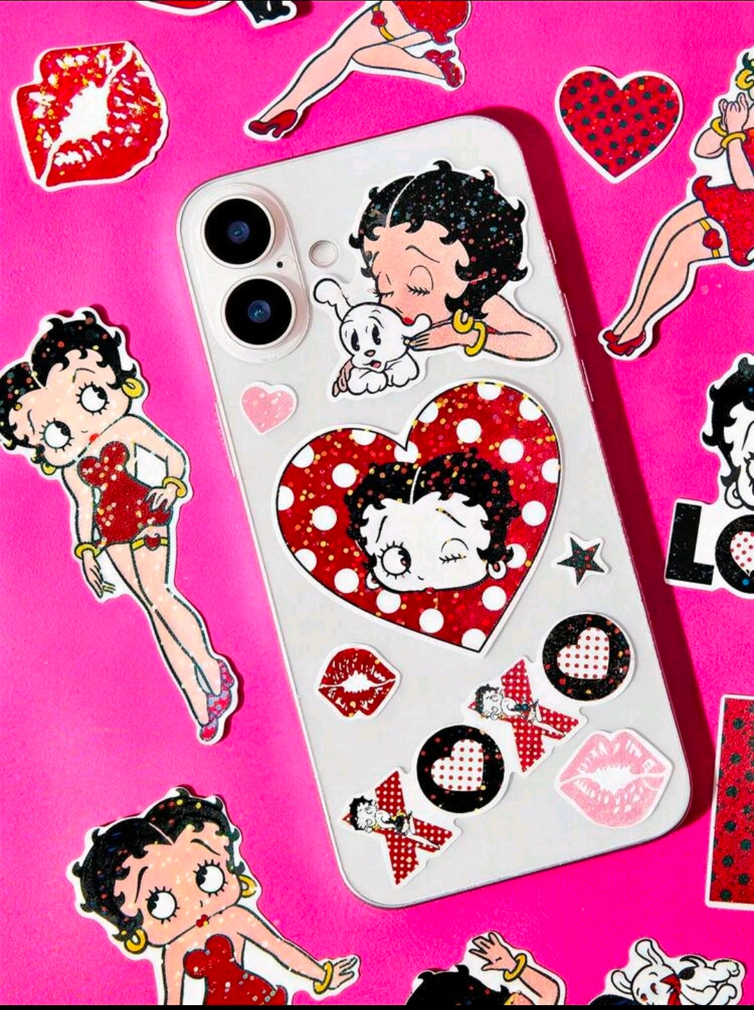 Betty Boop holographic phone-sticker set with Betty face, heart shapes, and icons.