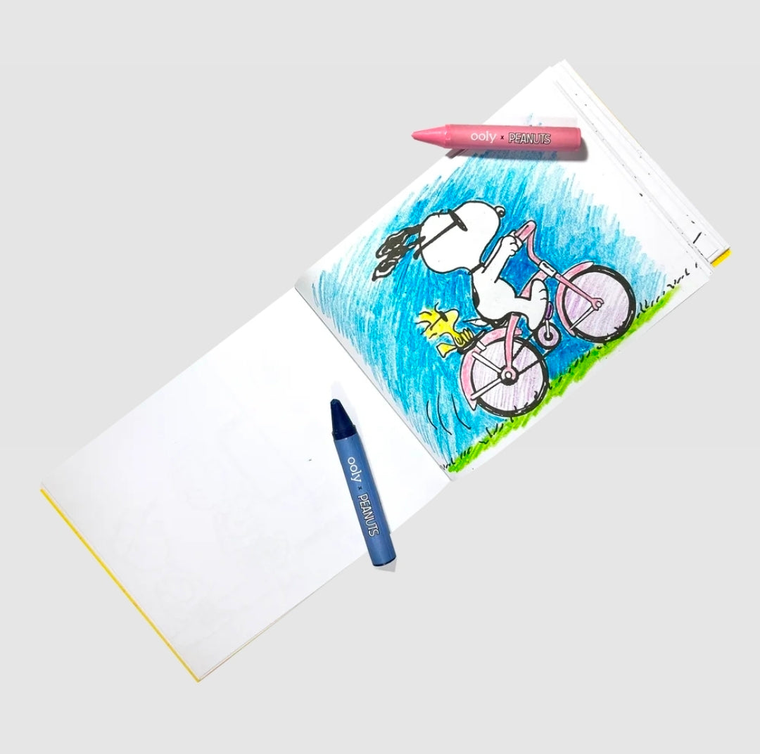 Coloring page set with blue Snoopy bicycle illustration and a pink crayon