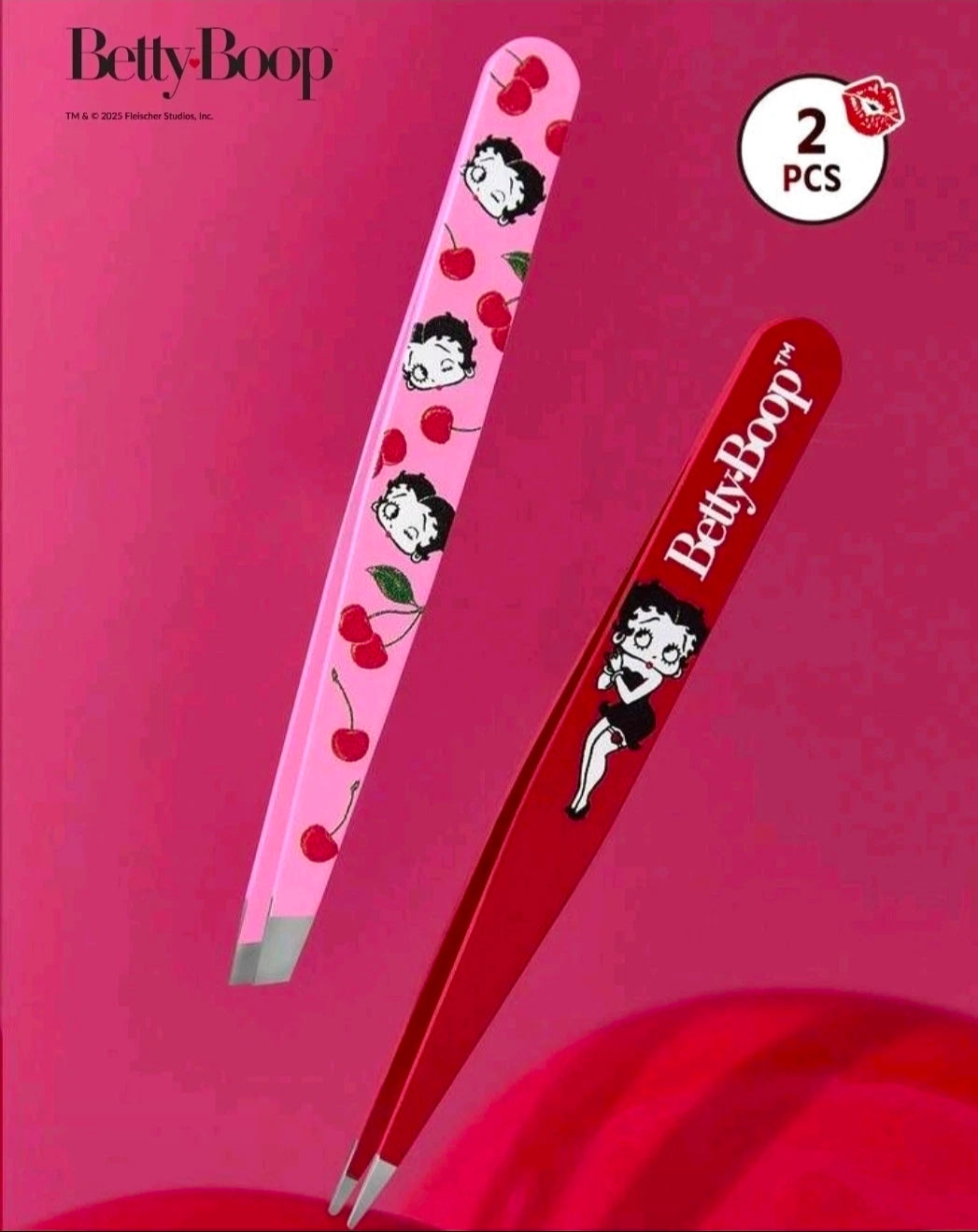 Betty Boop brow tweezers set with pink and red slanted tips, 2 pieces