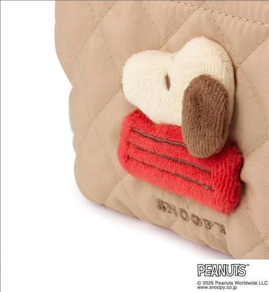 Snoopy Quilted Pouch Vintage Peanuts Japan 3D Plush Applique Wire Frame Cosmetic Bag 4 Pocket Beige