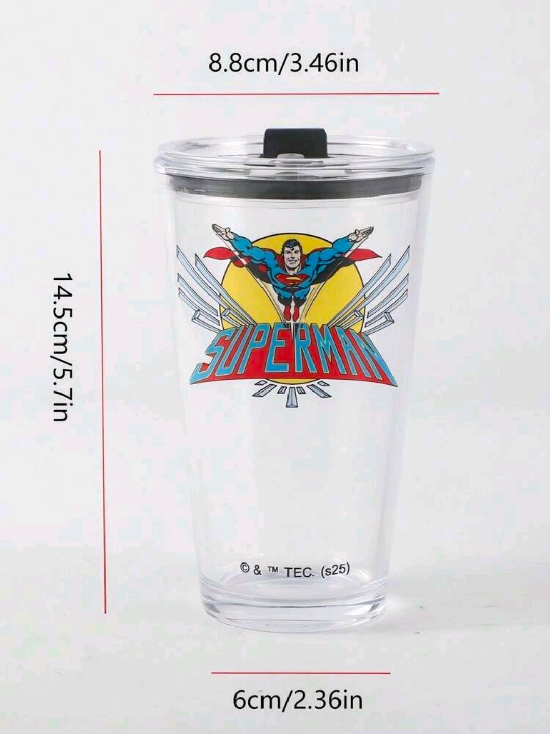 Clear superhero tumbler with black lid and colorful Superman emblem.