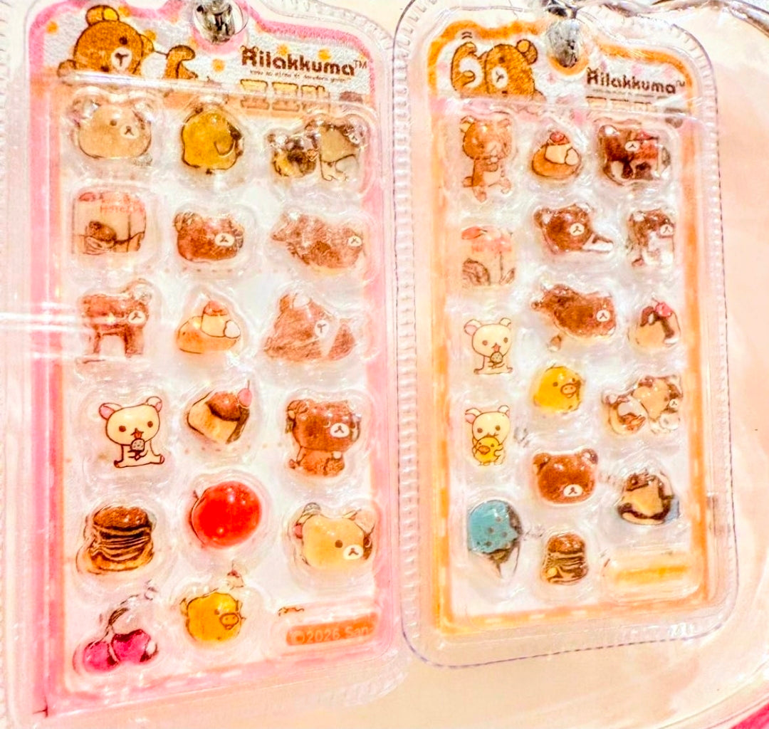 Rilakkuma mini sticker keychain set of 2, clear cards filled with assorted food icons
