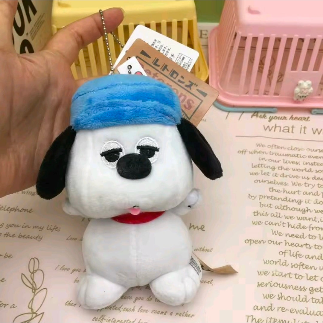 Mini Olaf plush keychain with blue hat, black ears, white face, red nose, metal clip