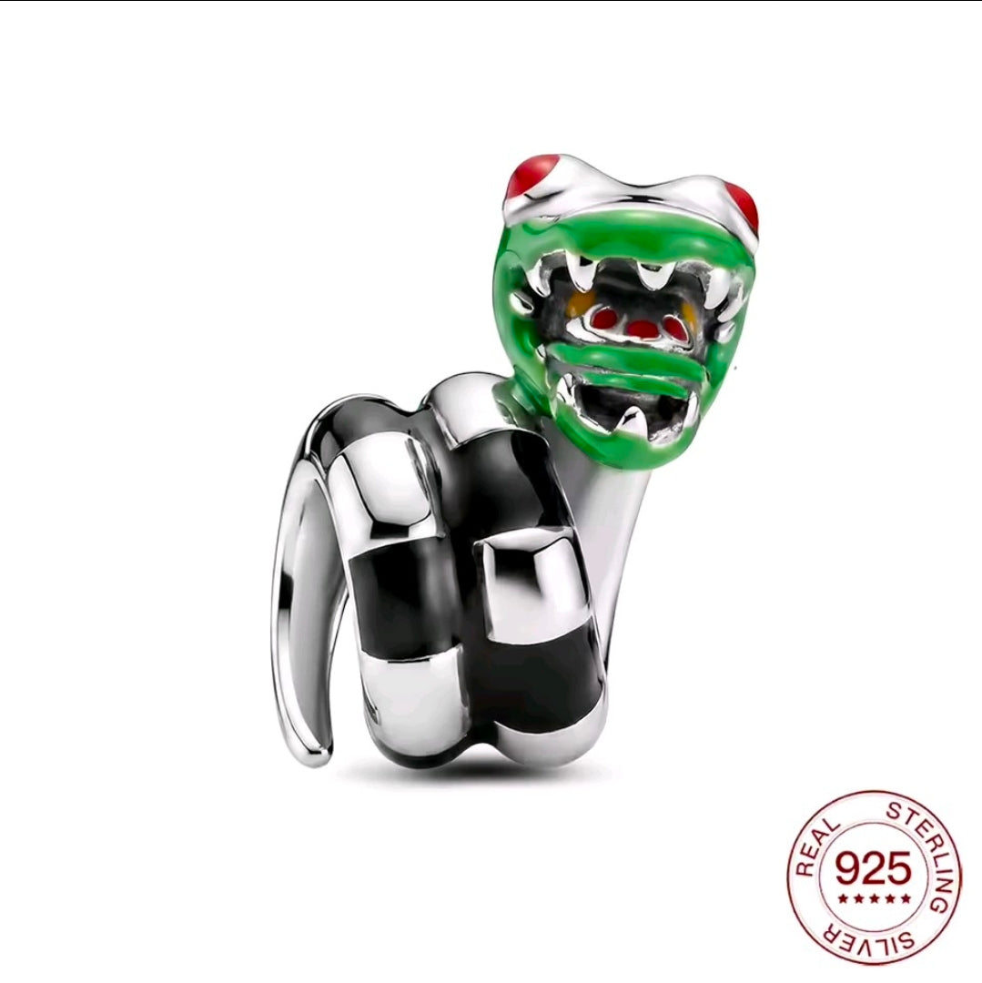 Sterling silver S925 sandworm charm with green head, red eyes, black and silver enamel