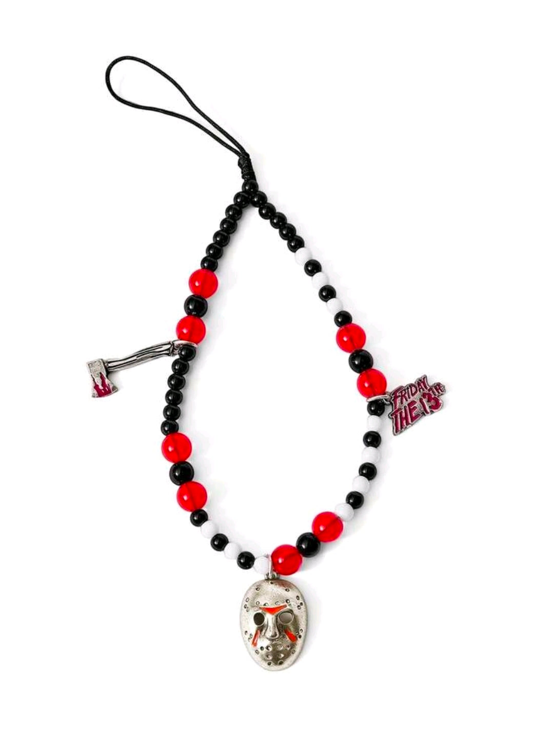 Black cord beaded phone charm lanyard with red, white, black beads and mask pendant
