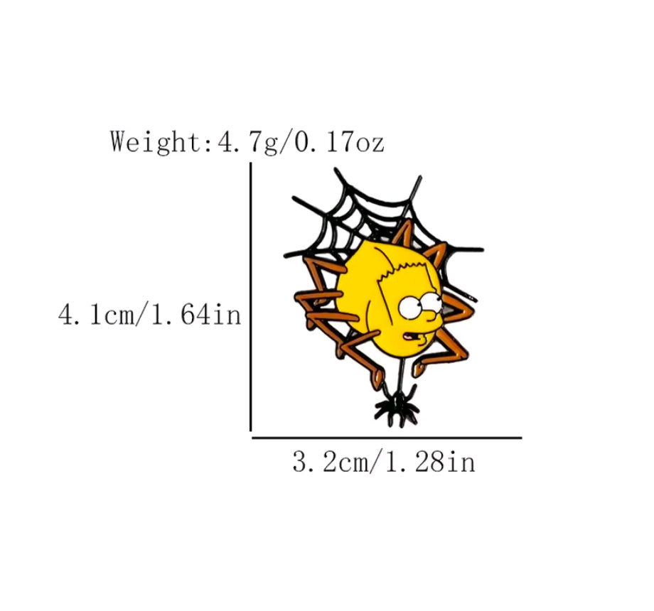 Yellow spiky character in a spiderweb hat enamel pin, Halloween style