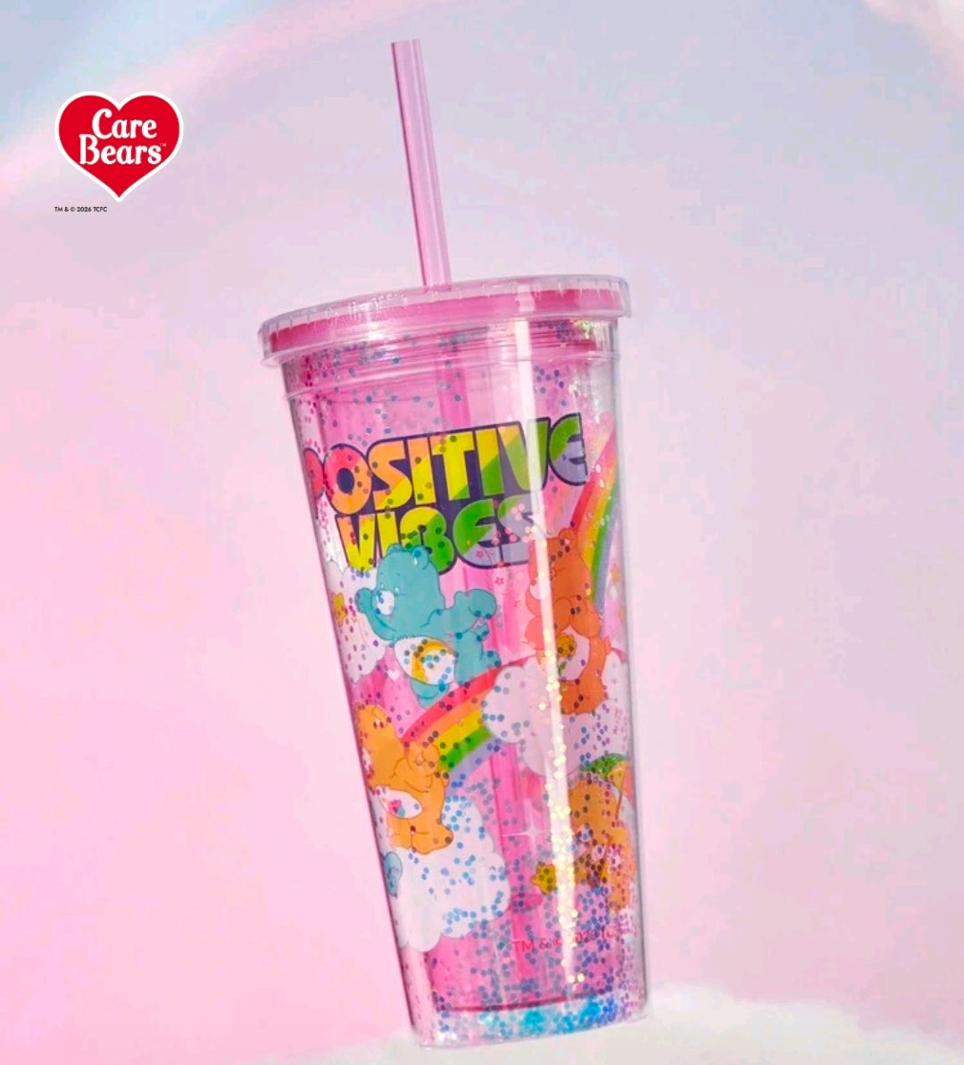 Care Bears glitter tumbler cup with straw, Positive Vibes multicolor print.