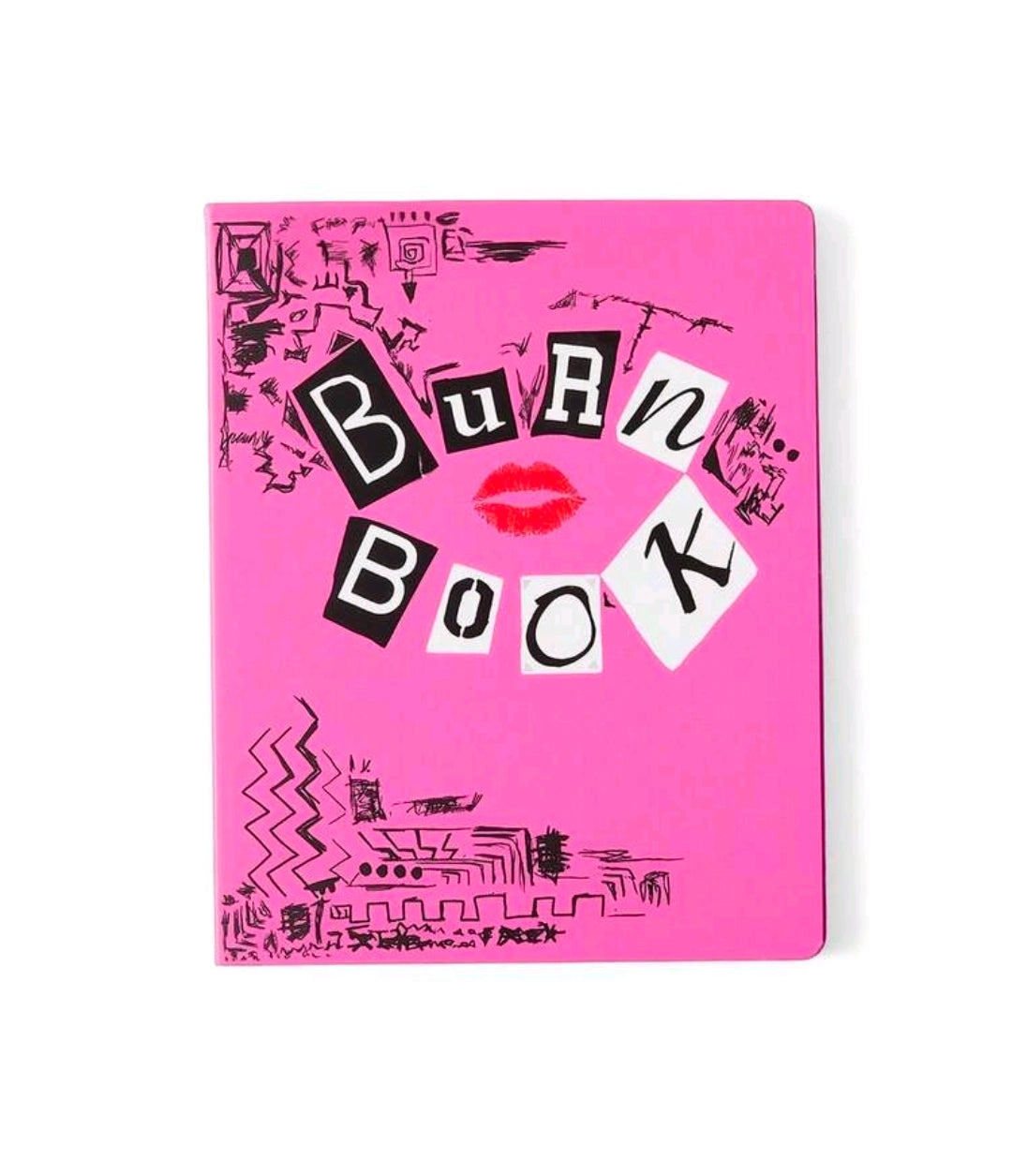 Pink “Burn Book” sticky note pad with black lettering and kiss graphic