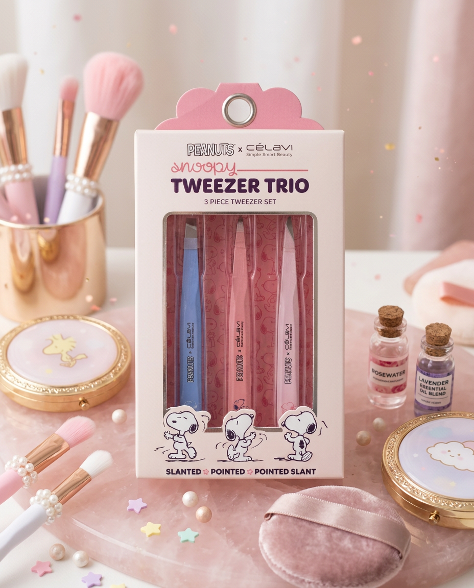 Tweezers trio set box front showing three slanted and pointed tweezers