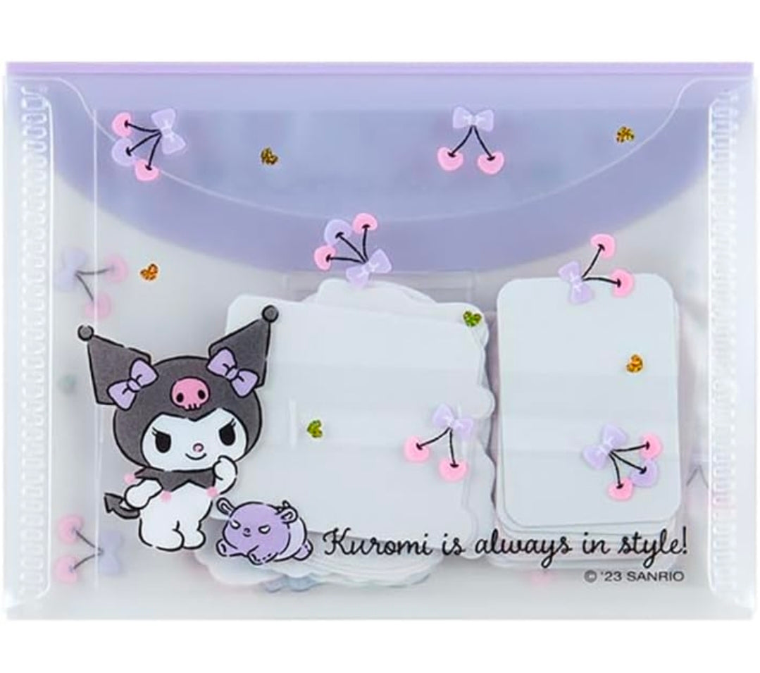 Kuromi die-cut flake stickers in a clear pack with “Kuromi is always in style!”