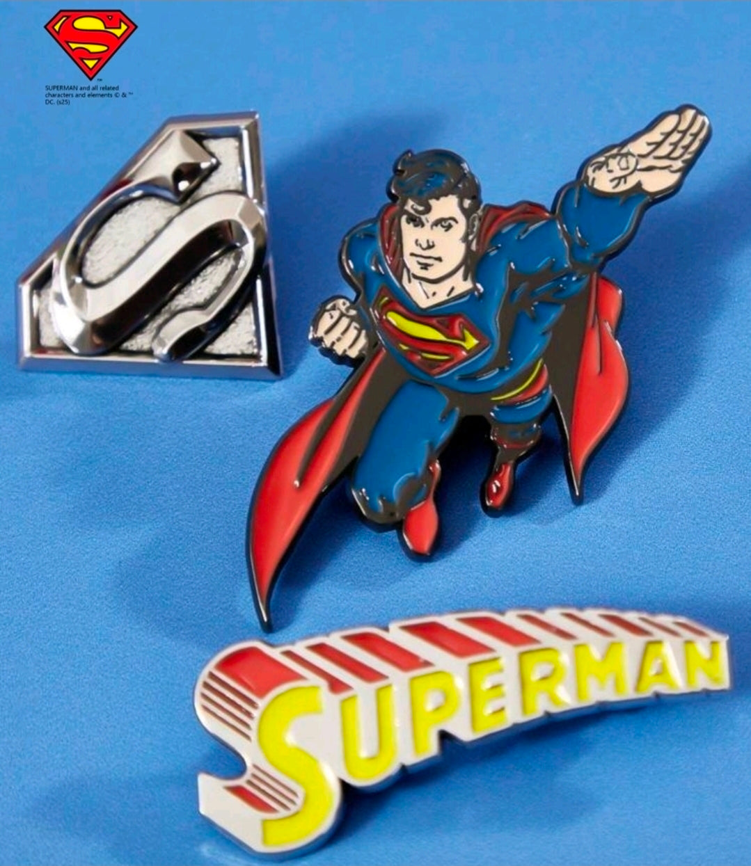 Superman 3 Piece Enamel Pin Set Logo Flying Shield Licensed