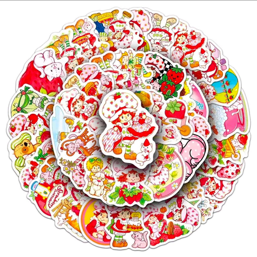 Vinyl die-cut sticker pack pile with Strawberry-themed cartoon characters and animals