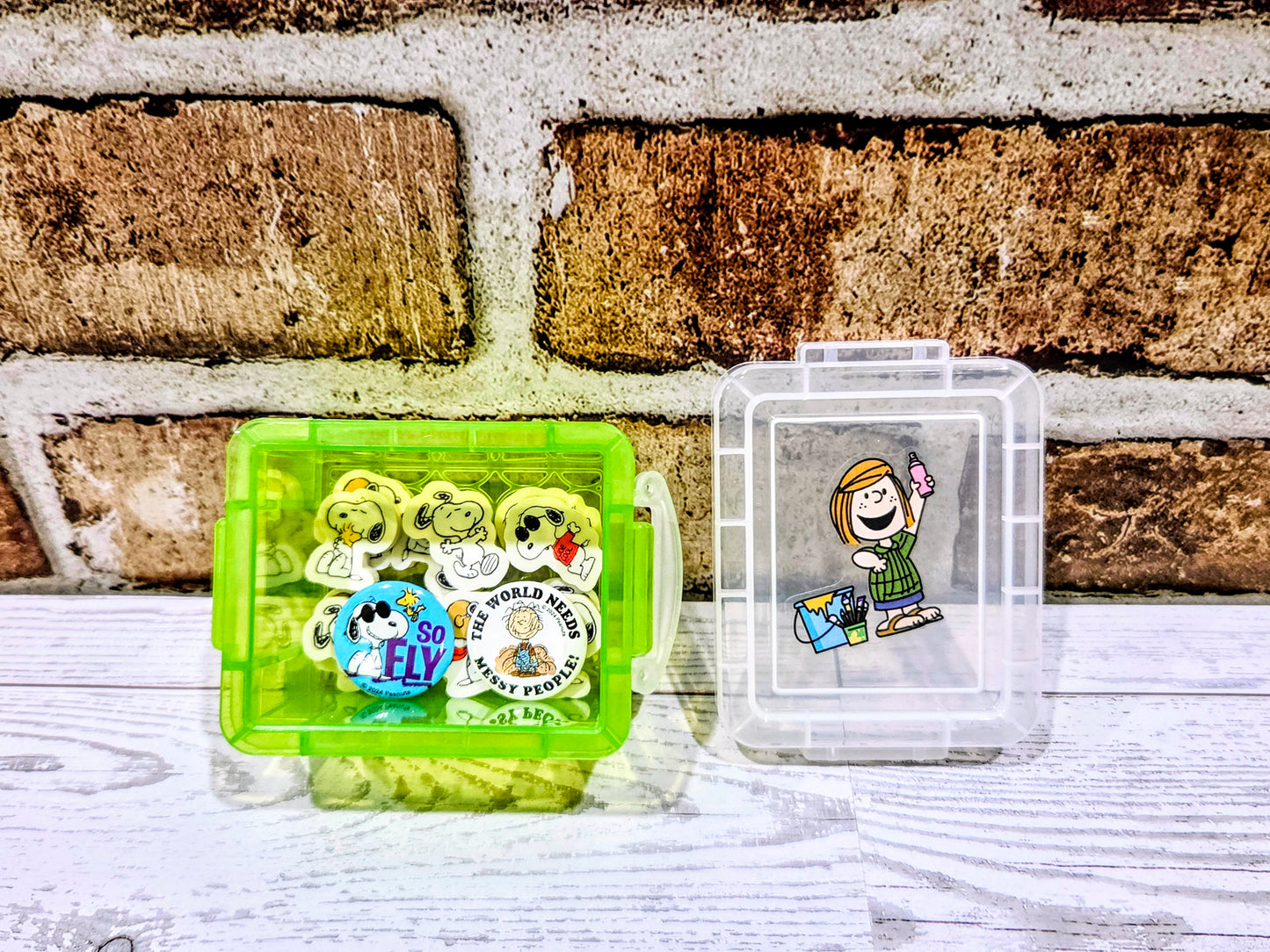 Mini Snoopy Green Desktop Organizer Box w/ 12 Erasers & 2 Pins Peppermint Patty Peanuts NEW 🐾