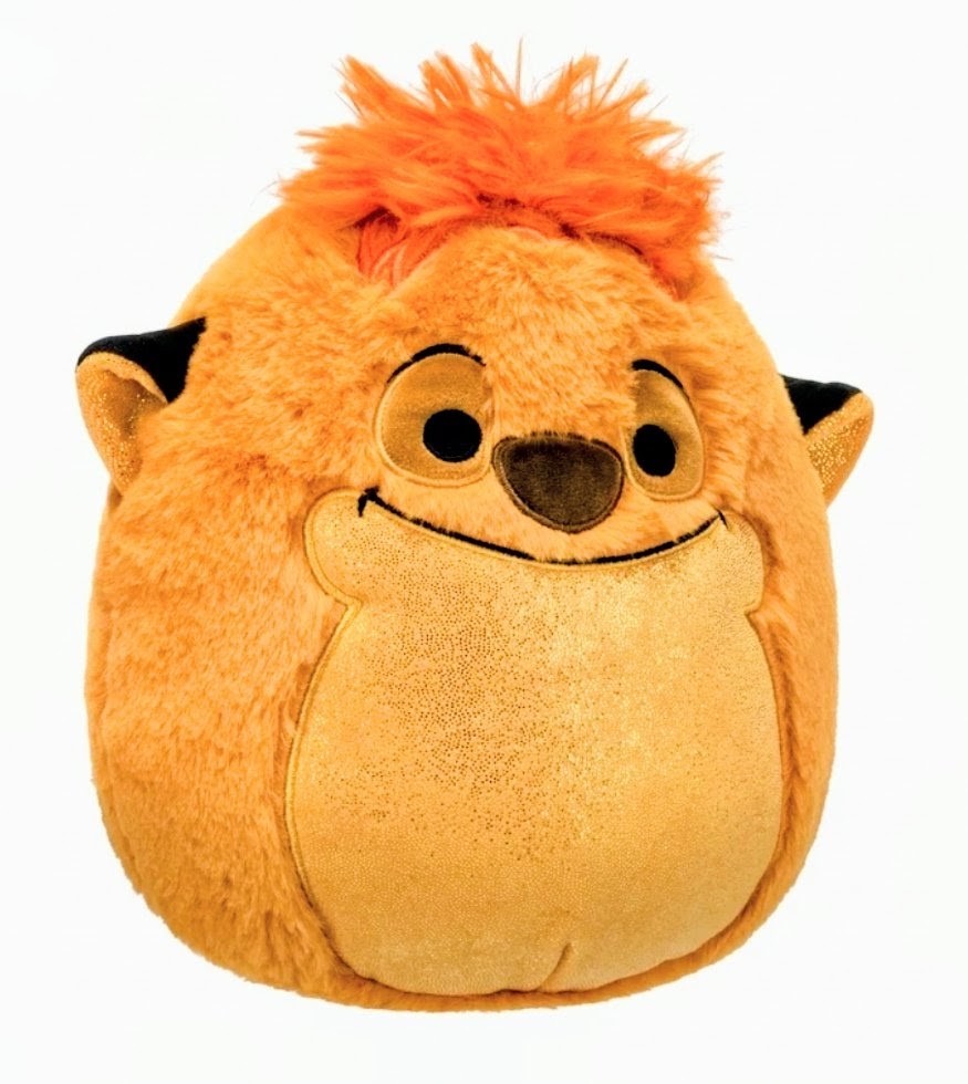 Orange Timon FuzzAMallow plush with wide eyes, tan belly patch, side pose