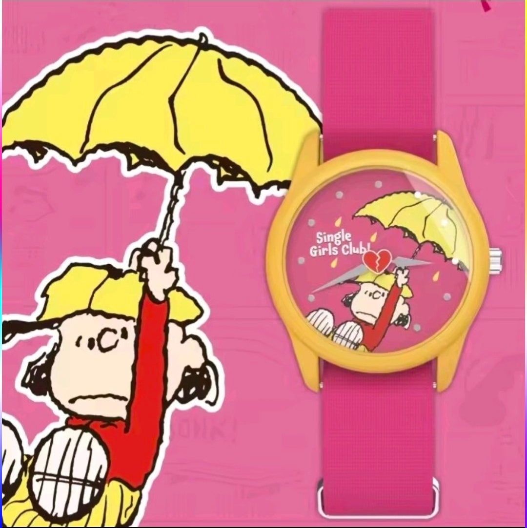 Pink girls wristwatch with yellow frame and Snoopy under umbrella on the round dial