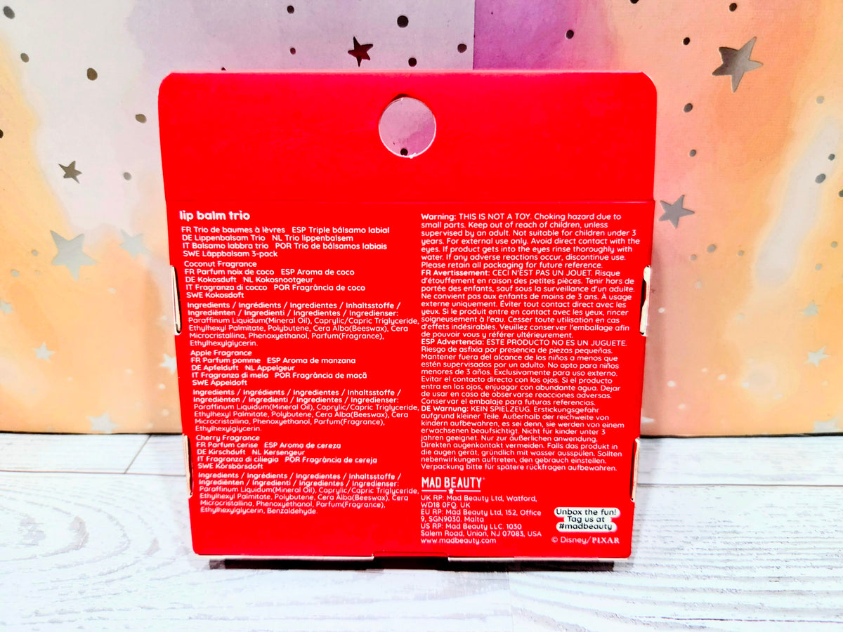 Mad Beauty lip balm trio package back card with hanging hole and warning text