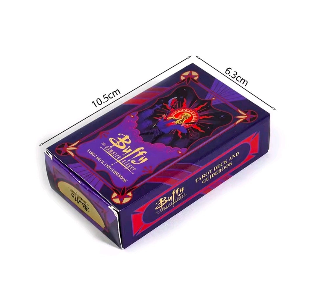 Buffy-themed tarot deck box with purple and red artwork, showing deck dimensions