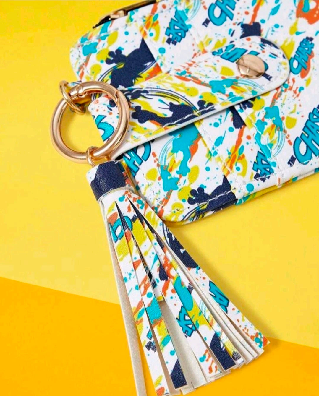 Paint-splash printed zipper keychain wallet with metal ring and dangling tassel