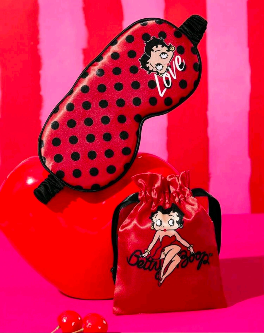 Red polka dot satin sleep eye mask with Love print and matching pouch