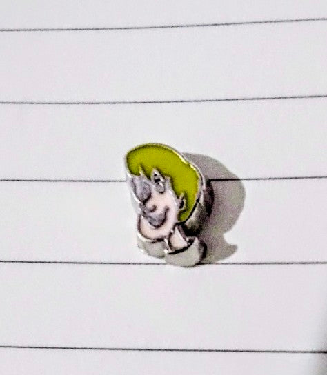 Character floating charm: light-haired figure with green hood on round silver base