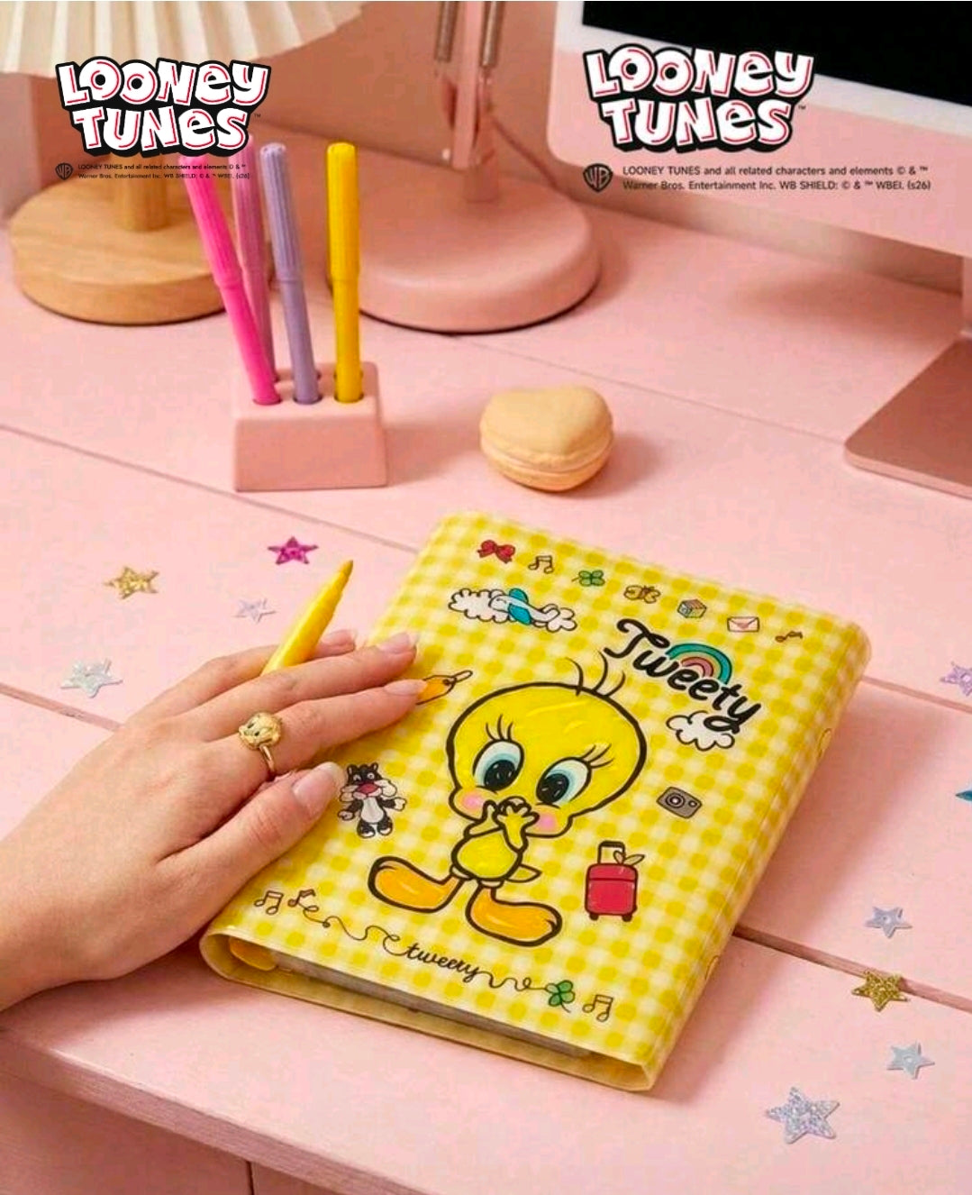 Yellow Tweety bird 6-ring sticker binder planner with check pattern cover
