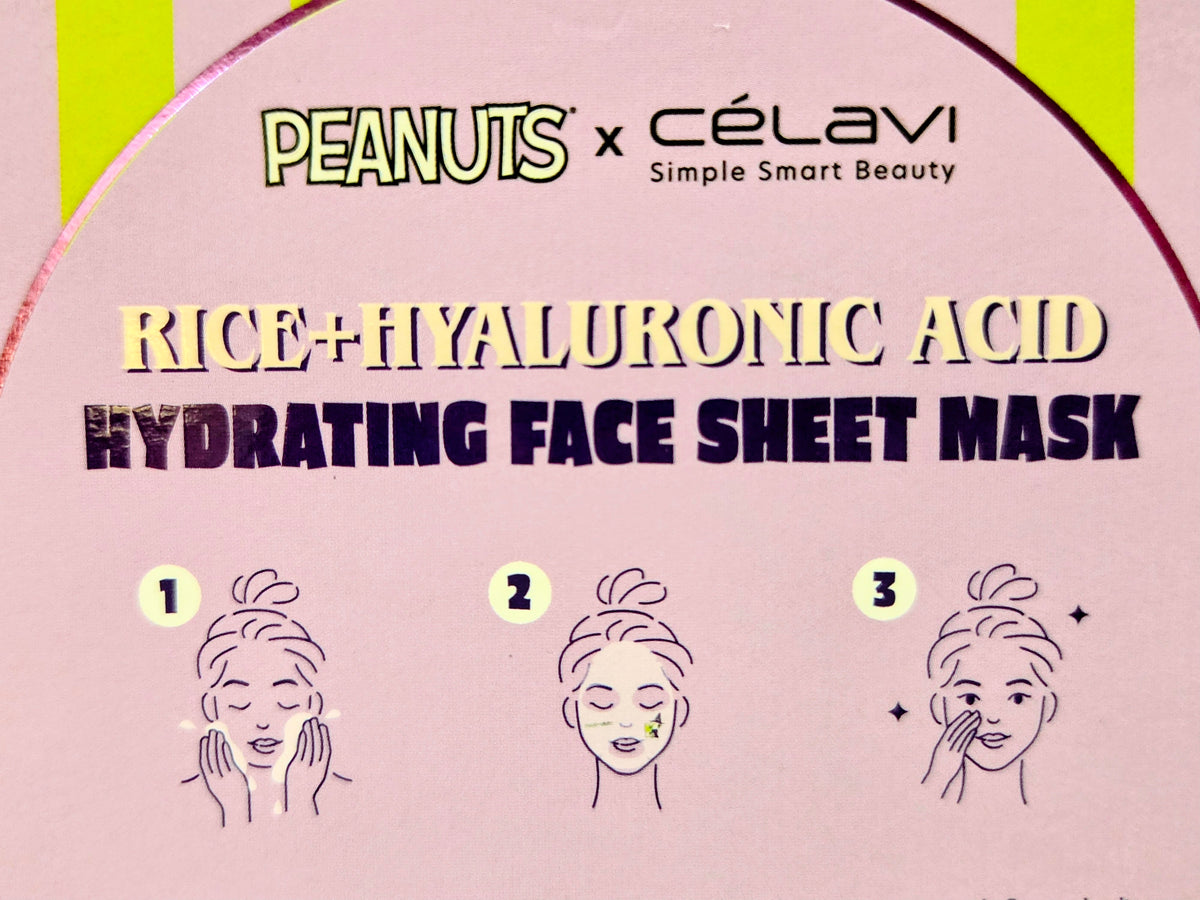 Rice and hyaluronic acid hydrating face sheet mask front with Peanuts x Celavi branding
