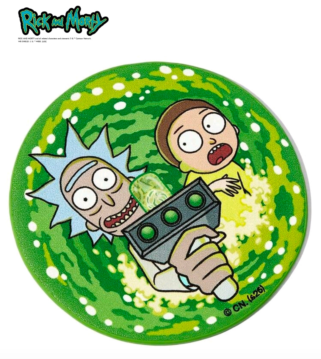 Green round coaster featuring Rick and Morty in portal swirl, 7cm