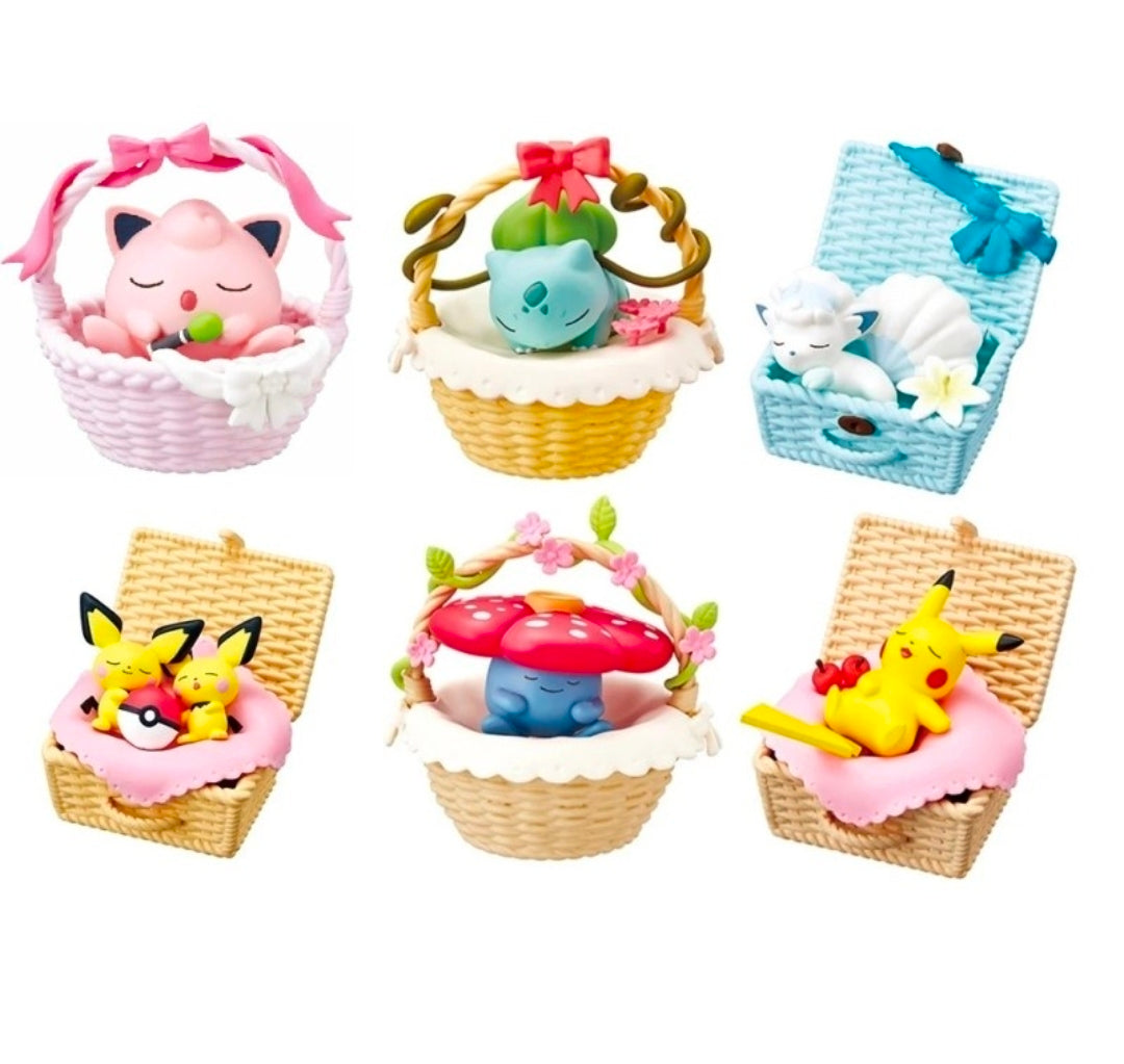 Complete set of six Pokemon nap basket figures arranged in two rows on white.