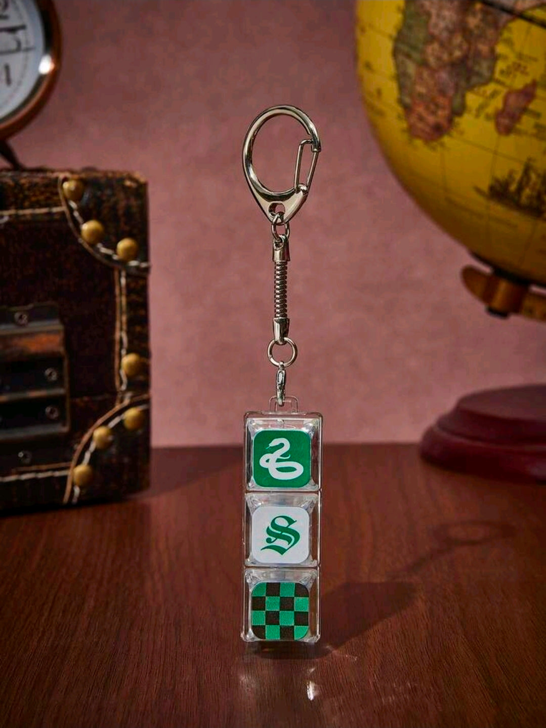 Slytherin fidget keychain charm with metal key ring and green checkerboard block