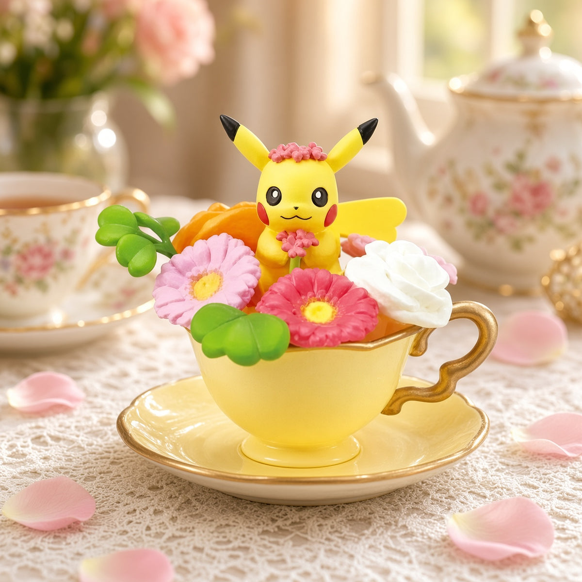 Yellow cup mini figure with Pikachu-style character and pink, white, and green flowers